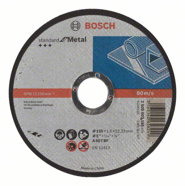 Egy Bosch fémvágó korong, standard minőségű, 125x1,6x22,23 mm-es méretben, maximum 12.250 ford./perc fordulatszámmal.