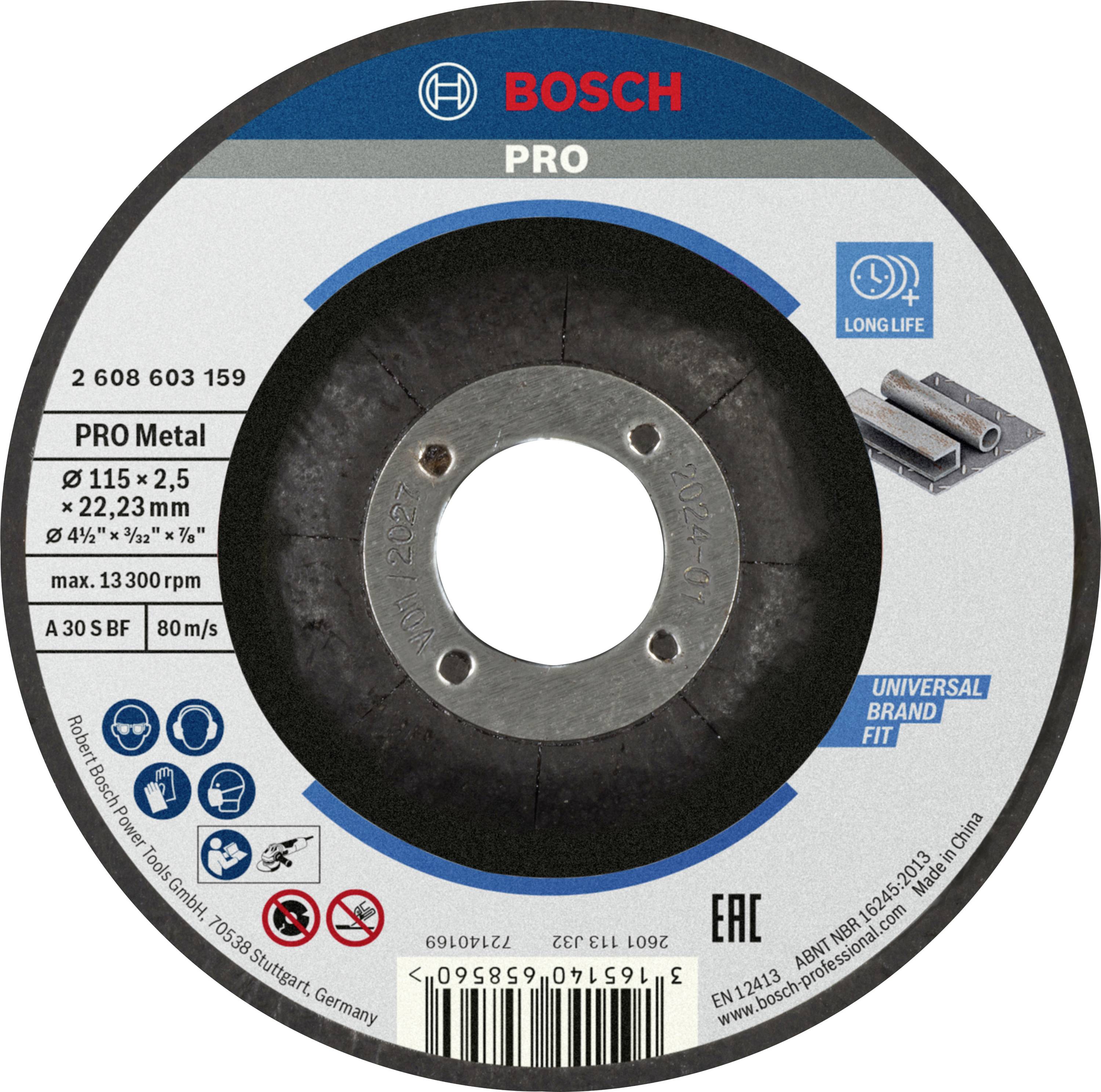 Bosch fémmegmunkáló csiszolótárcsa, 115 mm átmérő, 2,5 mm vastagság, hosszú élettartamra és sokoldalú felhasználhatóságra utaló jelzésekkel.