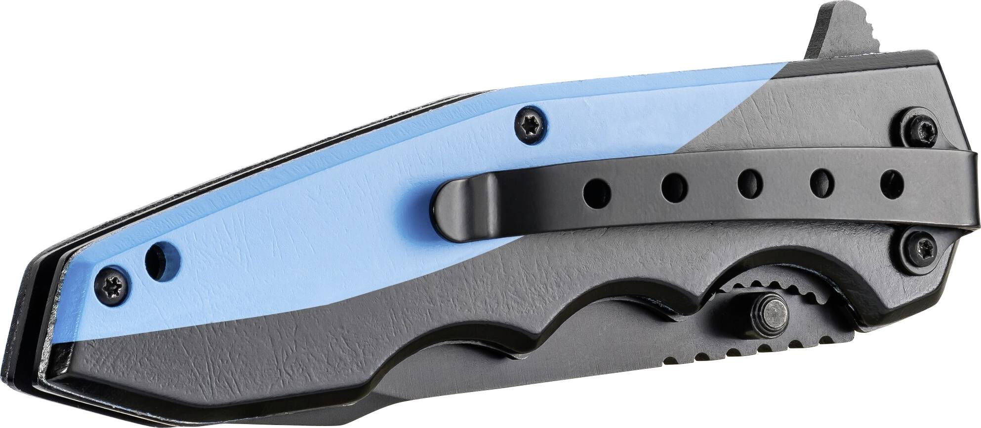 Egy fekete és kék nyélű zsebkés, összecsukva. A csavarok láthatók. A nyél strukturált felületű.