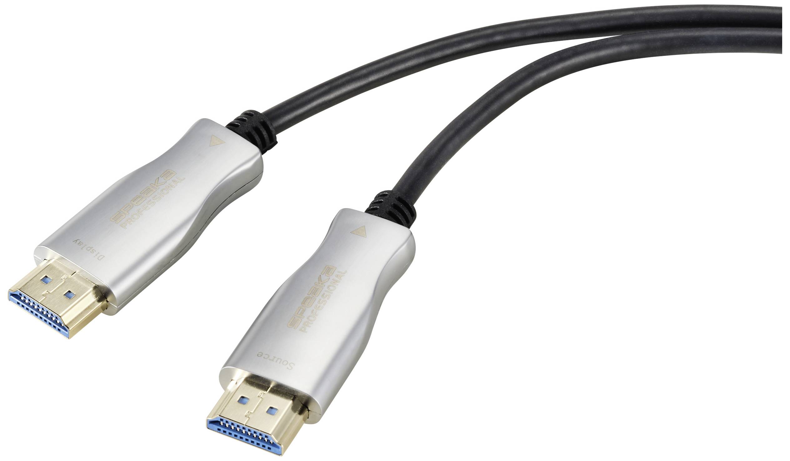 'Két ezüstszínű HDMI-kábel kék csatlakozókkal, fehér háttér előtt.'