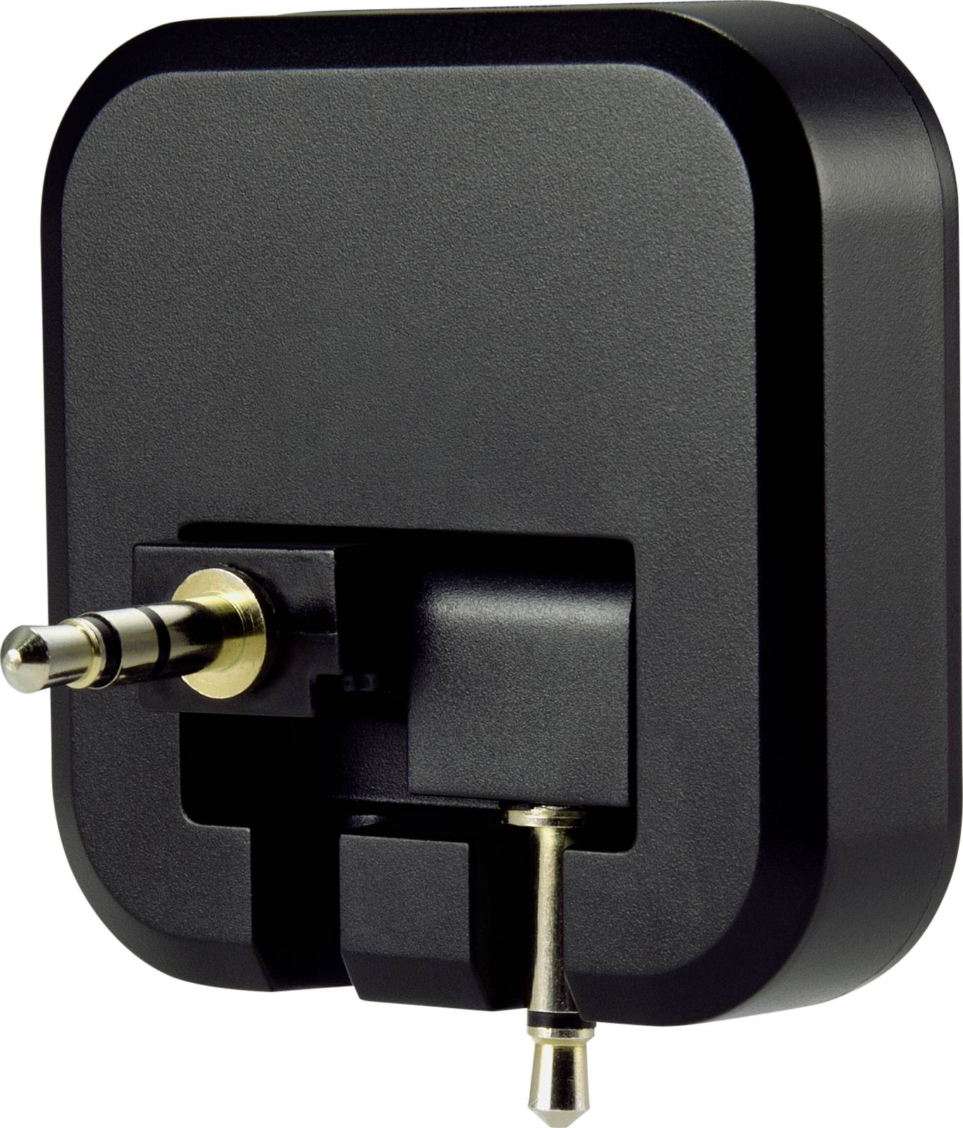 Egy fekete audioadapter 3,5 mm-es jack dugóval és egy további csatlakozóval, amely alkalmas különböző audióeszközök csatlakoztatására.