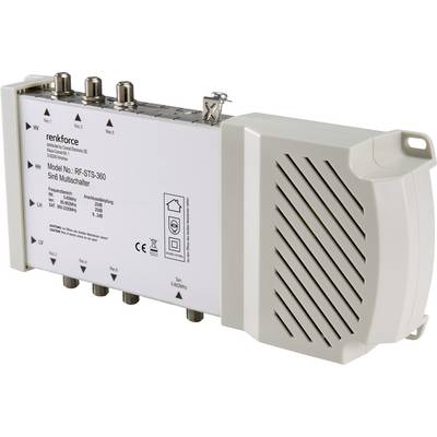 Egy Renkforce márkájú, RF-STS-360 típusú 5/8-os multikapcsoló, több csatlakozási lehetőséggel műhold- és TV-jelek számára.