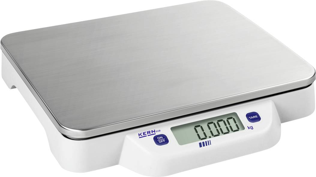 Digitális konyhai mérleg rozsdamentes acél platformmal és LED-kijelzővel. '0.000 kg' értéket mutat. Be/Ki és Tára funkciógombokkal.