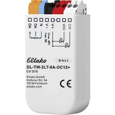 Egy Eltako univerzális dimmer. A feliratok mutatják a csatlakozásokat és a műszaki részleteket. Épületautomatizálásban használják.