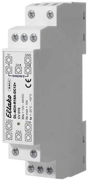 Egy fehér elektronikus vezérlőegység az Elektrobock-tól, több csatlakozóval és nyomtatott műszaki részletekkel, amelyet világításvezérlésre használnak.