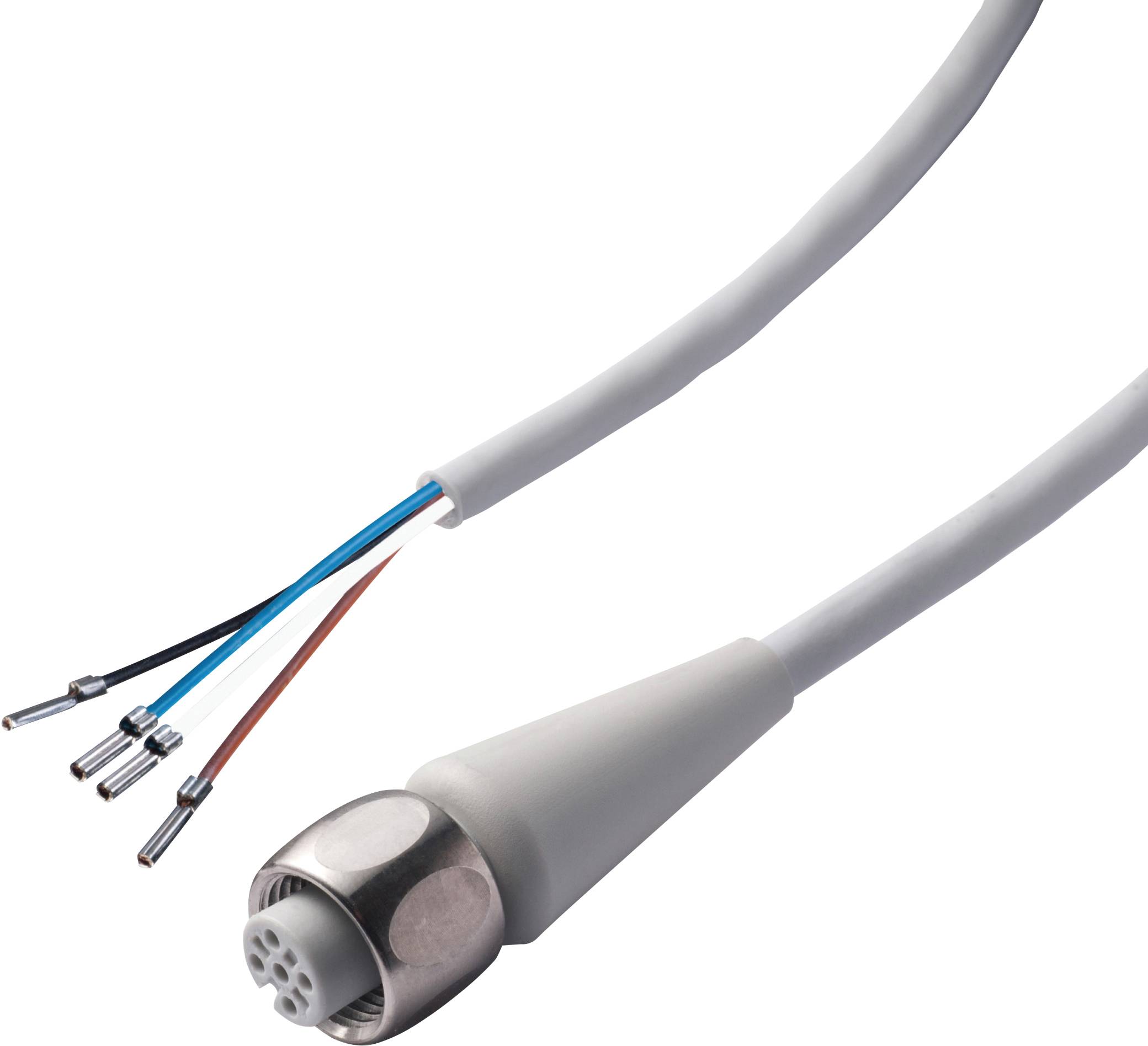 Egy szürke elektronikai érzékelőkábel-csatlakozó meztelenített vezetékekkel és fémhüvellyel ipari felhasználásra.