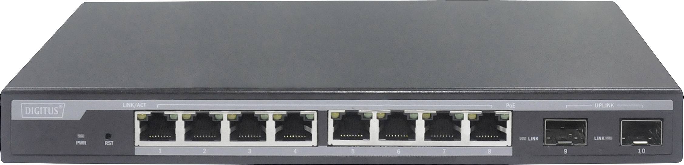 Nyolc Ethernet-porttal és két SFP-porttal rendelkező hálózati switch, irodai és vállalati hálózatok számára alkalmas.