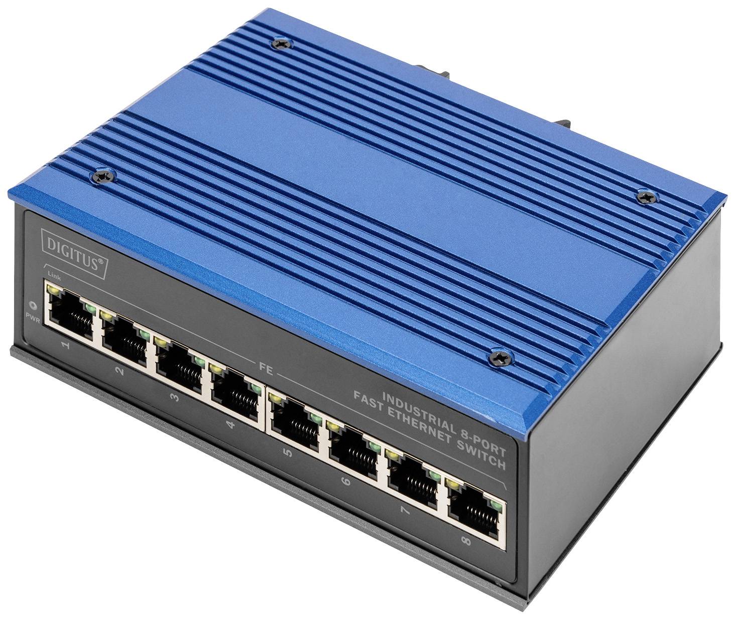 Egy ipari 8-portos Fast Ethernet switch kék felső borítással és fekete előlappal, amely alkalmas robusztus hálózati kapcsolatokhoz.