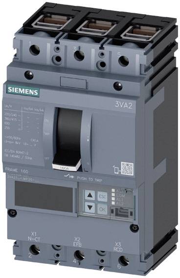 Egy háromfázisú Siemens típusú (3VA2) megszakító, amely elektromos berendezések védelmére és irányítására szolgál.