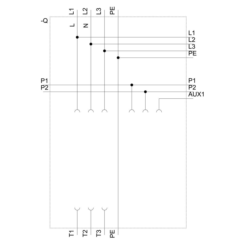 'Motorkapcsoló elvi kapcsolási rajza védőérintkezőkkel: L1, L2, L3, PE. Kimeneti pontok: P1, P2, AUX1. Érintkezők: T1, T2, T3.'