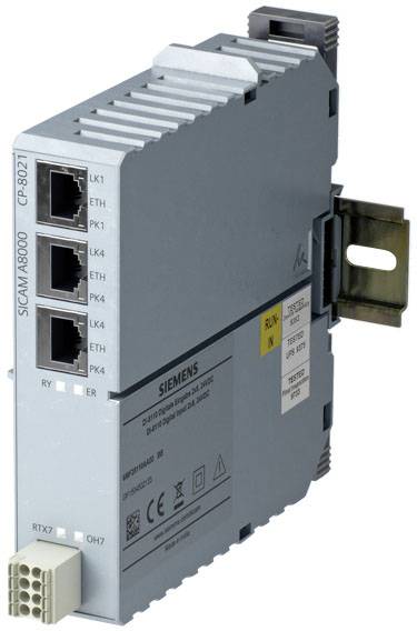 Egy Siemens automatizálási eszköz több Ethernet-csatlakozóval, ipari kommunikációs alkalmazásokhoz tervezve.