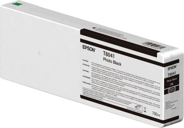 'Epson T8041 Fotó Fekete' tintapatron, 700 ml kapacitás, négyszögletes fehér csomag fekete csíkkal és címkével.