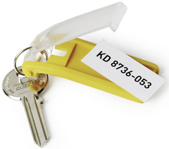 Sárga kulcstartó fémkulccsal és 'KD 8736-053' felirattal.