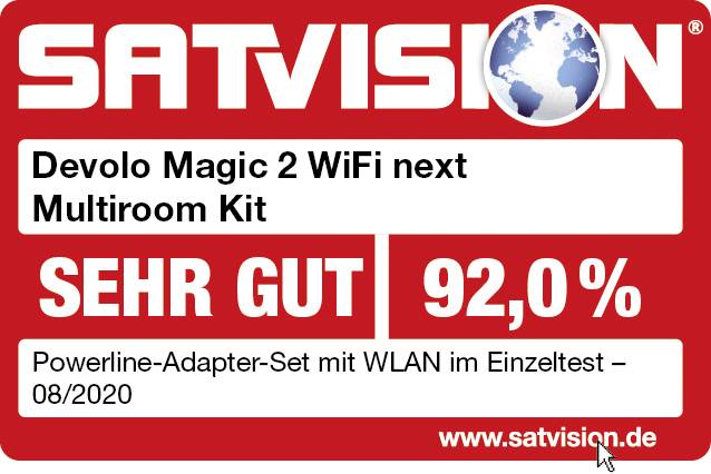A 'Devolo Magic 2 WiFi next' a SATVISION egyedi tesztjén 08/2020-ban 92%-kal 'KIVÁLÓ' minősítést kapott. Powerline adapter szett WiFi-vel.