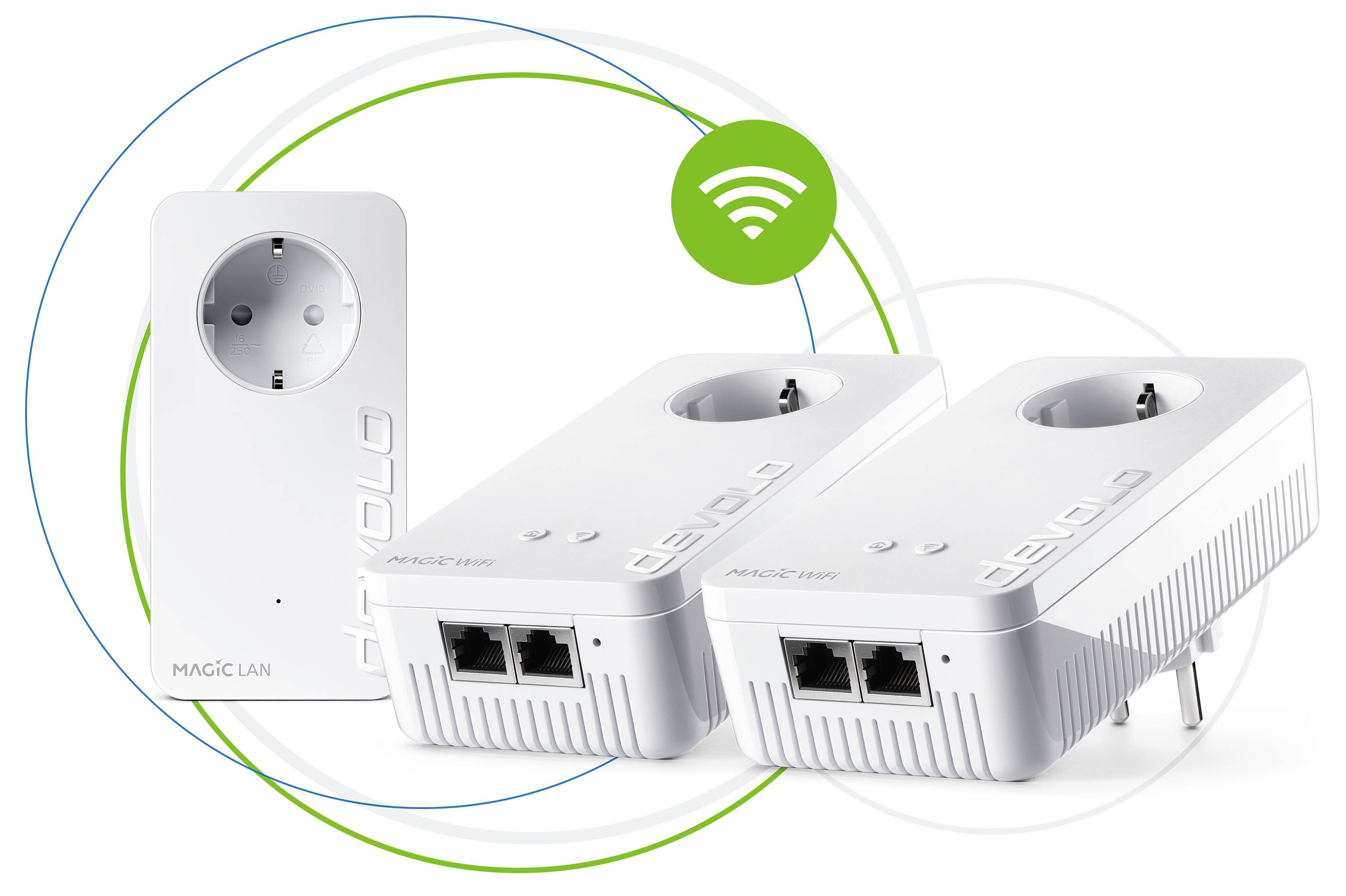 Három fehér Devolo hálózati adapter, amelyek fali csatlakozóval és LAN-portokkal rendelkeznek. Egy zöld WiFi-szimbólum lebeg felettük.