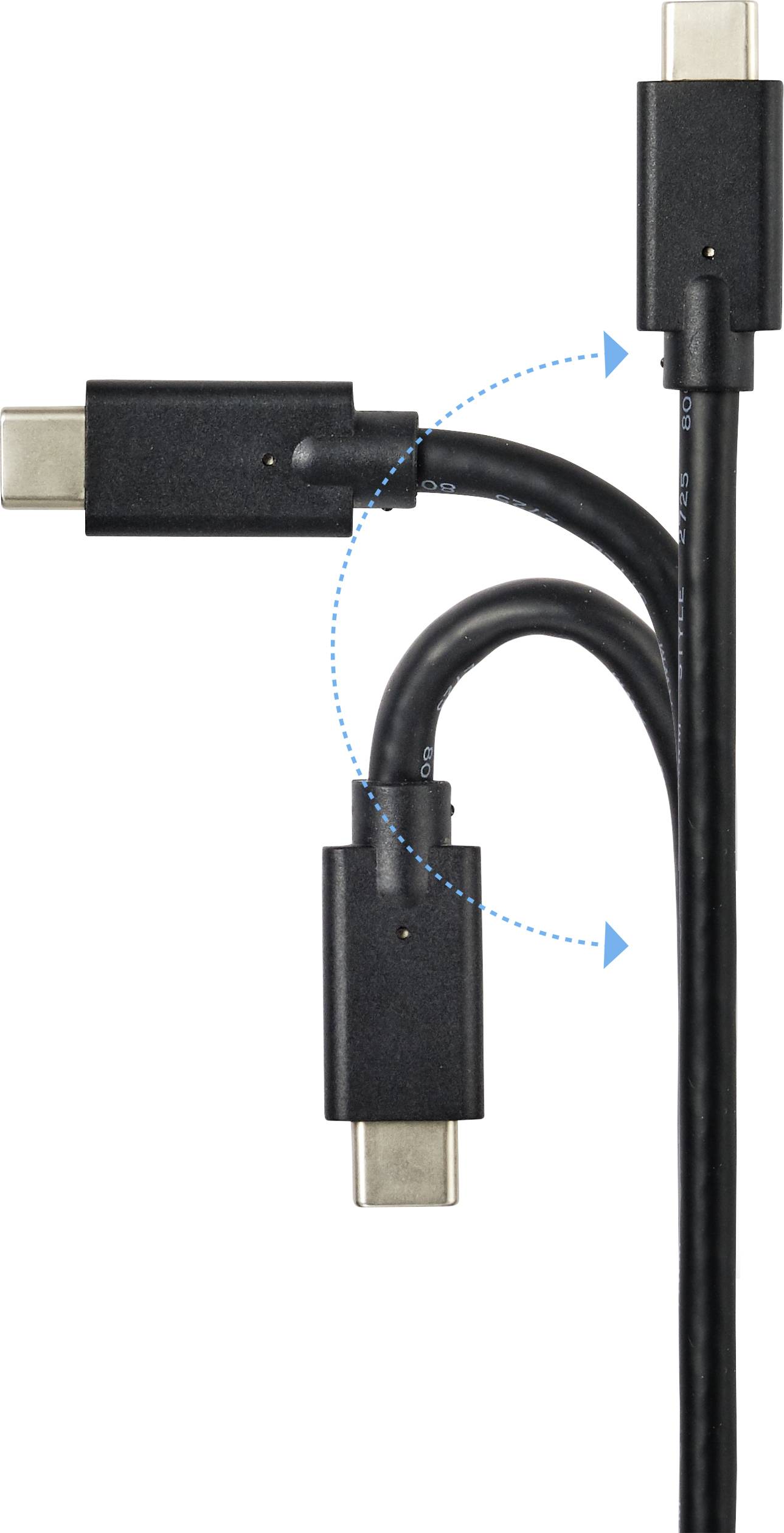 Egy USB-C kábel három lehetséges csatlakozási pozícióval, rugalmasságot mutat a használat során. Kék nyilak szemléltetik a mozgásirányokat.