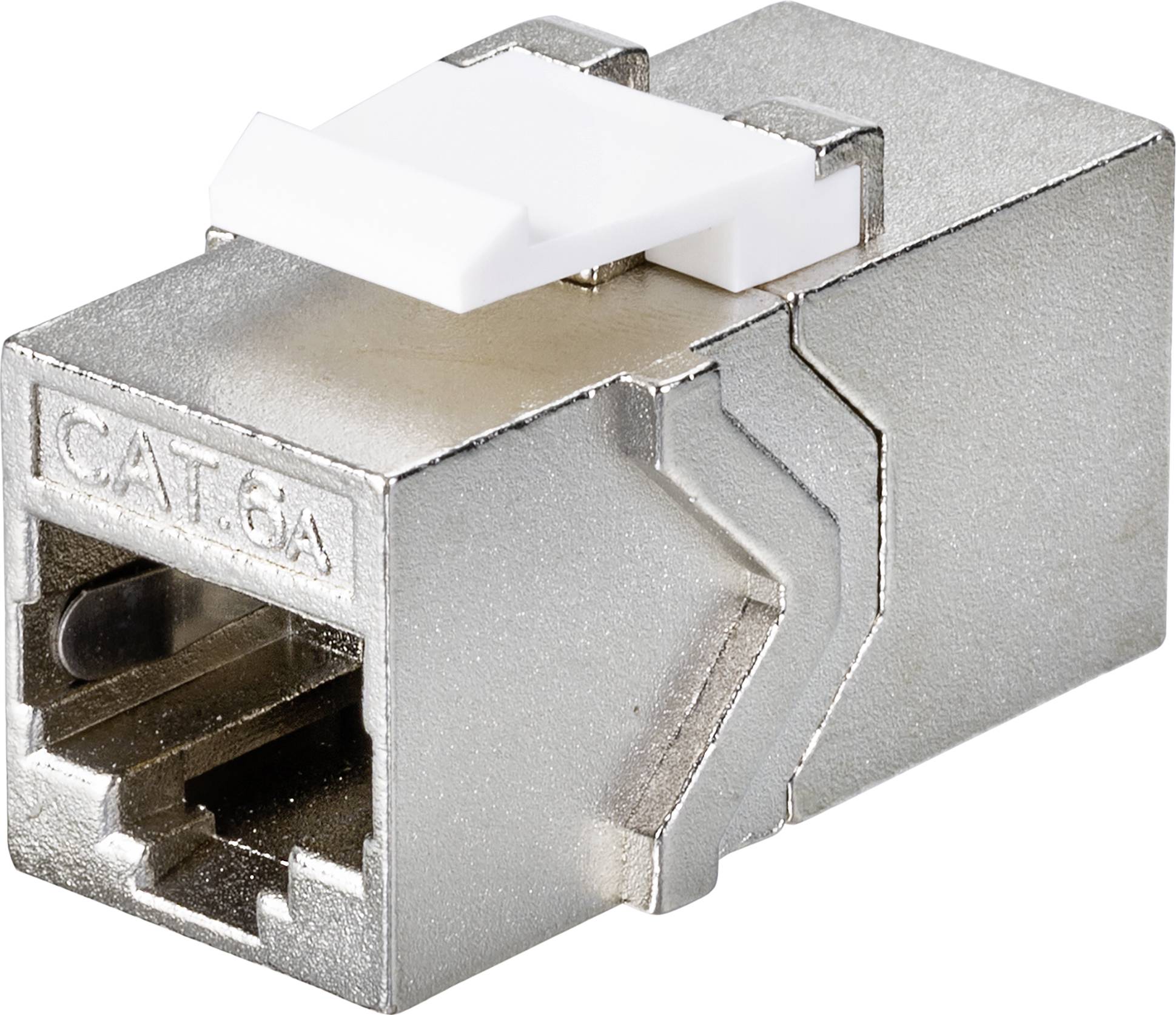 CAT 6A fém hálózati csatlakozó védősapkával, alkalmas Ethernet-kapcsolatokhoz számítógépes és kommunikációs hálózatokban.