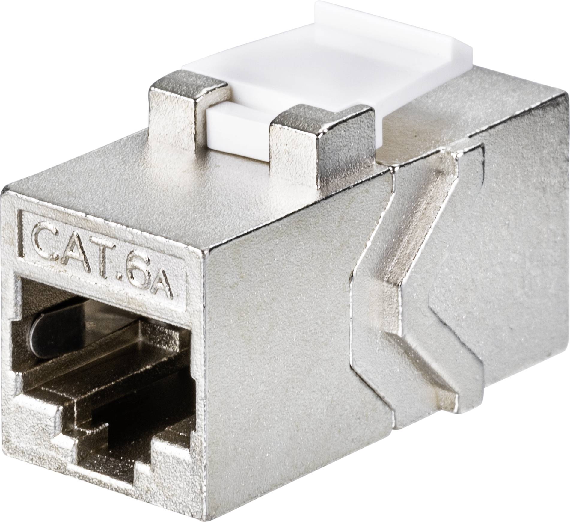 Egy ezüstszínű Cat 6A keystone modul hálózati kábelekhez, RJ45 csatlakozóval, Ethernet-kapcsolatokhoz alkalmas.