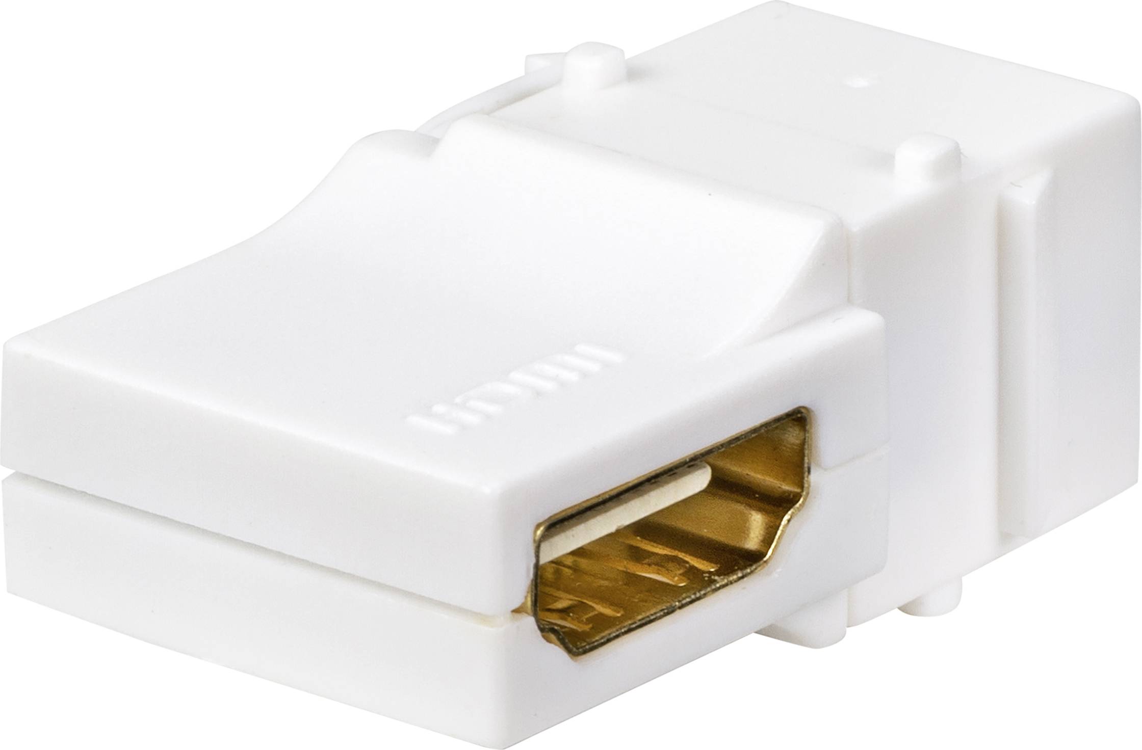 Egy fehér HDMI-toldóadapter HDMI-csatlakozóval, amely használható két HDMI-kábel összekapcsolására jelváltás céljából.