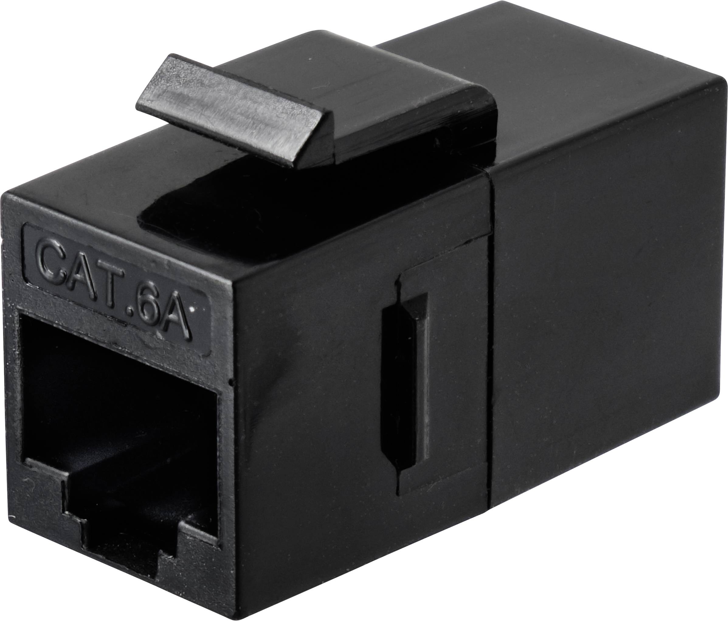 Egy fekete CAT.6A hálózati adapter téglalap alakú formában, Ethernet-kábel csatlakoztatására alkalmas nyílással.
