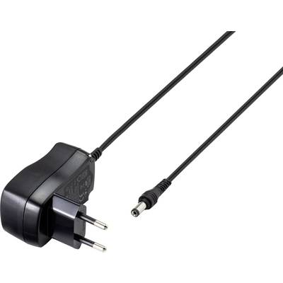 Egy fekete hálózati adapter euró dugóval és hosszú kábellel, amely egy kerek csatlakozódugóban végződik. Alkalmas elektronikus eszközökhöz.