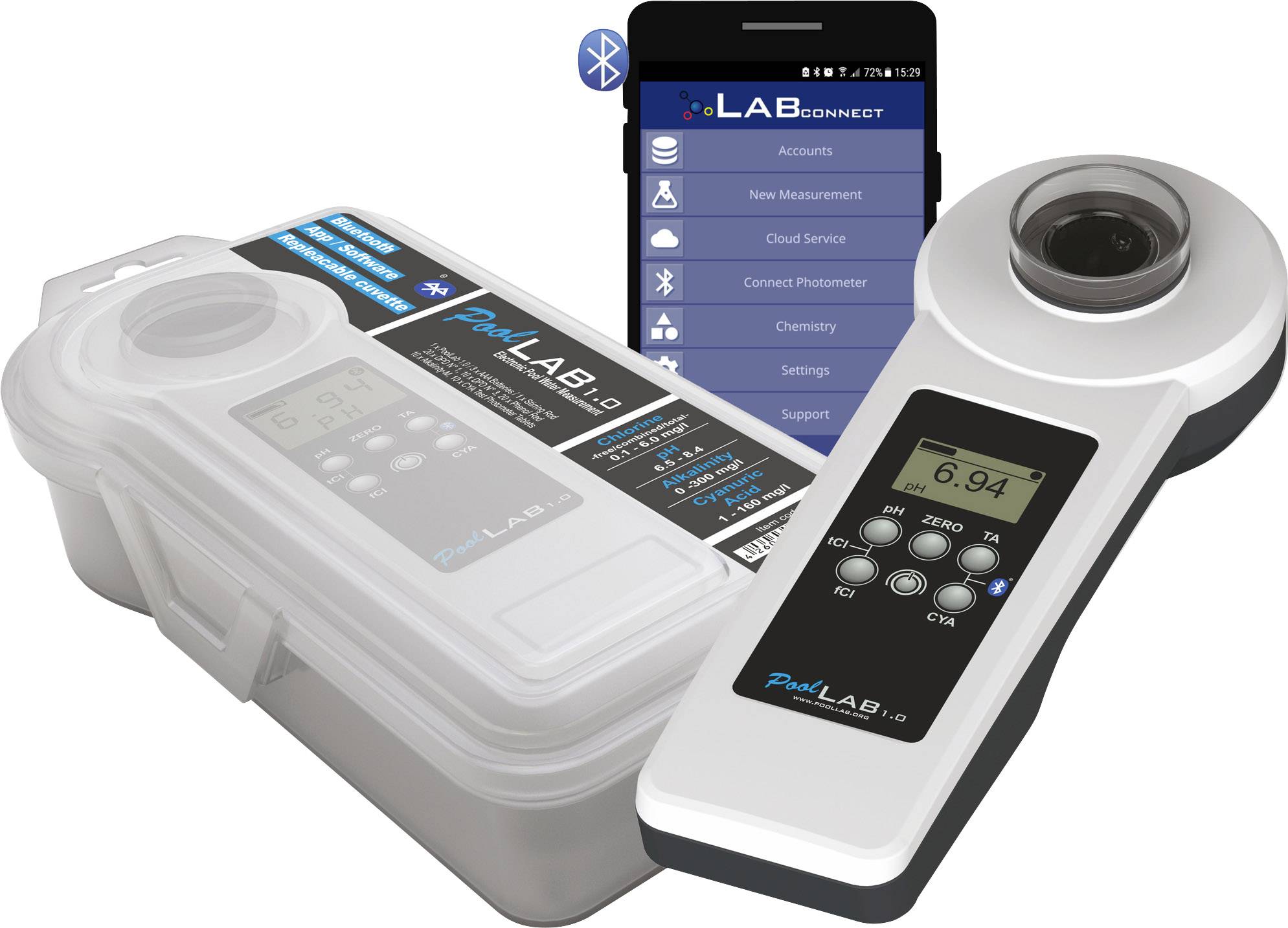 Water ID PoolLab 1.0 Photometer Fotométer Klór, Lúgosság, pH érték, Aktív oxigén, Ciánsav, Bróm, Klór-dioxid, Ózon, Hidrogénperoxid, Kalcium keménység, Össz