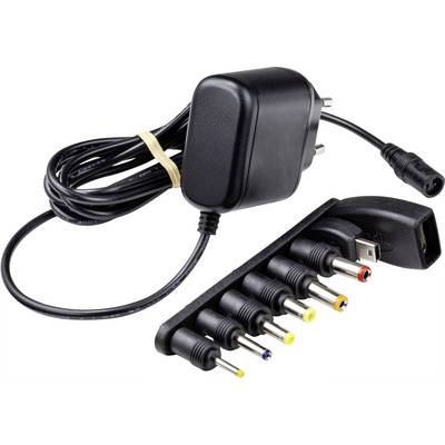 Többfunkciós hálózati adapter hat különböző csatlakozóval és USB-bemenettel, alkalmas különböző elektronikai eszközök töltésére.