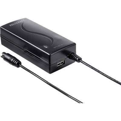Fekete hálózati töltő Voltcraft felirattal és USB-csatlakozóval, kábelhez csatlakoztatva.