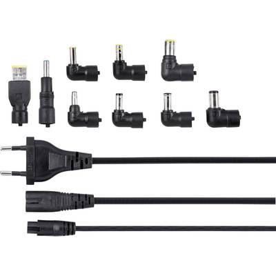 Fekete elektromos adapter dugaszok és kábelek különböző formákban és méretekben fehér háttér előtt.