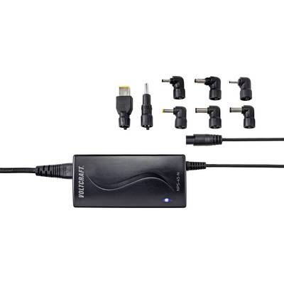 Fekete Voltcraft tápegység hat cserélhető adapterrel és USB-csatlakozóval különböző eszközök töltéséhez.