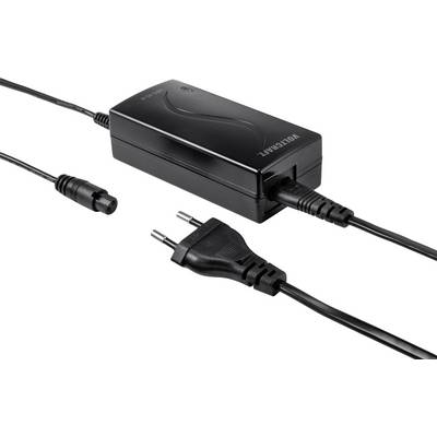 Egy fekete tápegység hálózati kábellel és egy adapter csatlakozóval az egyik végén. Elektronikai eszközök áramellátására használják.