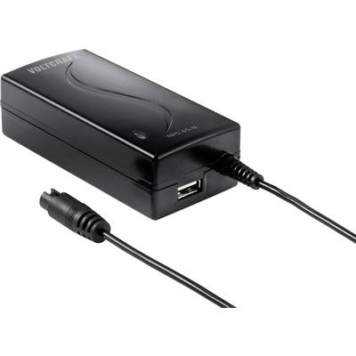Fekete hálózati adapter USB-csatlakozóval és kábellel. A 'Voltcraft' felirat látható.