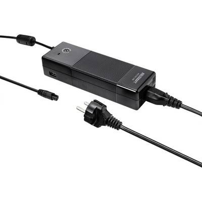 Fekete hálózati adapter két kábellel; az egyik EU-dugvillás, a másik kerek csatlakozóval rendelkezik. Egy USB-port oldalról csatlakoztatható.