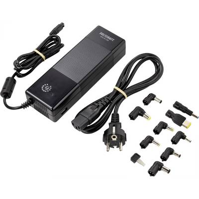 Univerzális laptop-tápegység több levehető adapter csatlakozóval; mutatja a feszültségszabályozási lehetőségeket és a hálózati kábelt.