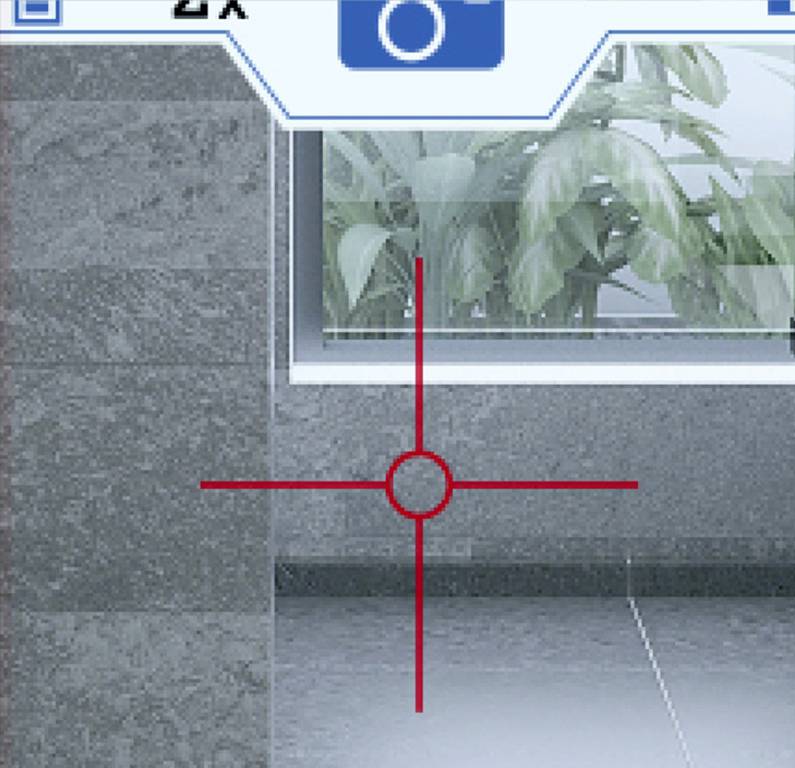 Egy digitális kamera keresője egy zöld lombozatot mutat egy ablak előtt, szürke csempék által keretezve.