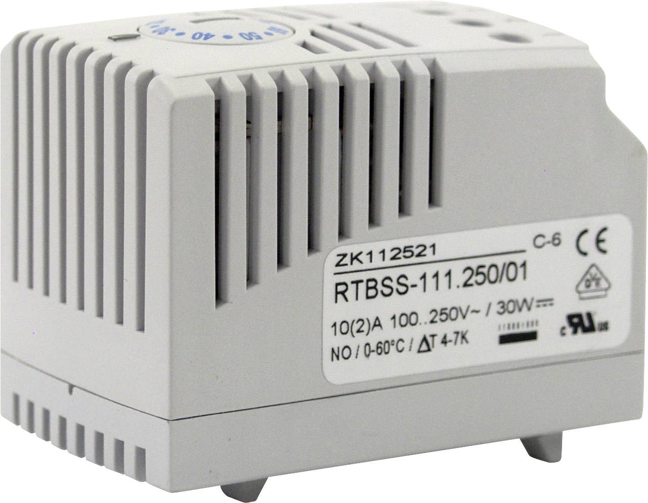 Egy RTBSS-111.250/01 típusszámú műszaki relé, amely hőmérsékleti specifikációkat és elektromos részleteket mutat.