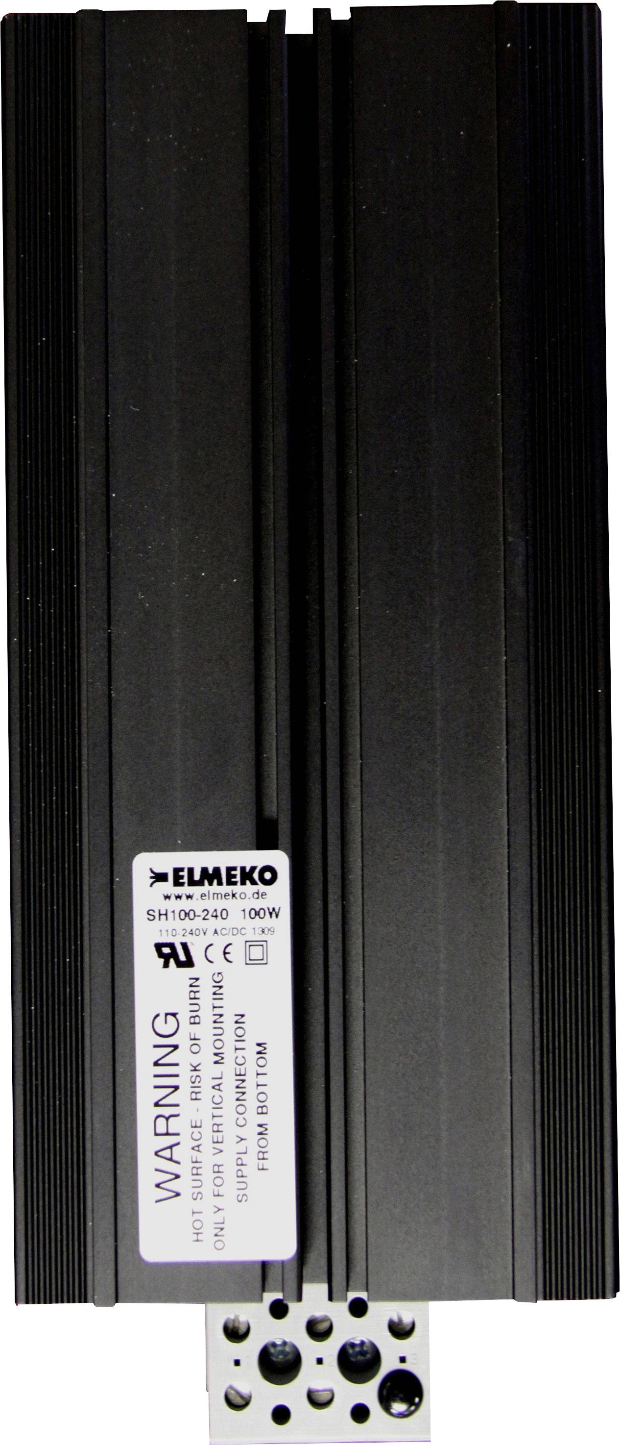 Fekete hűtőborda ELMEKO logóval és figyelmeztető felirattal. Modell: SH100-240, 100W. UL-tanúsítvánnyal, alul látható szerelőlappal.