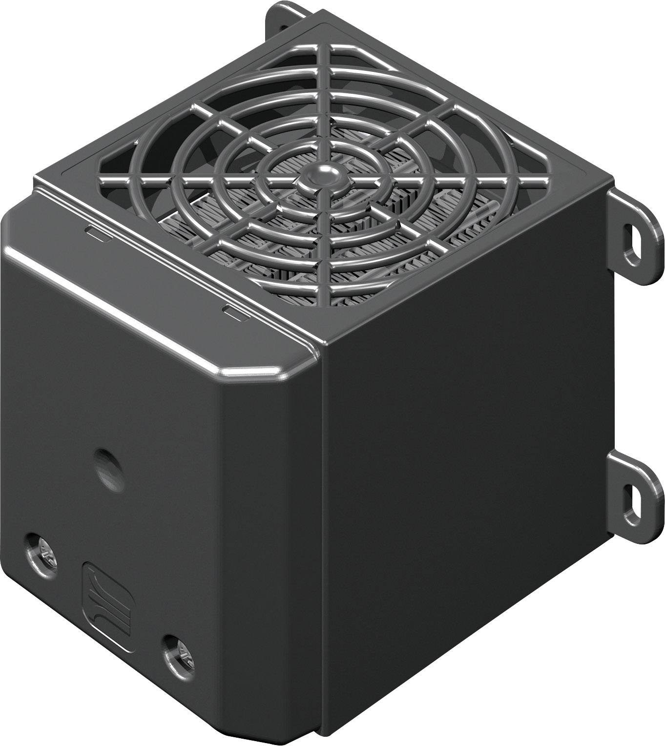 Fekete, téglalap alakú hűtőborda ventilátorral és oldalsó rögzítőfuratokkal. Elektronikai eszközökhöz alkalmas.