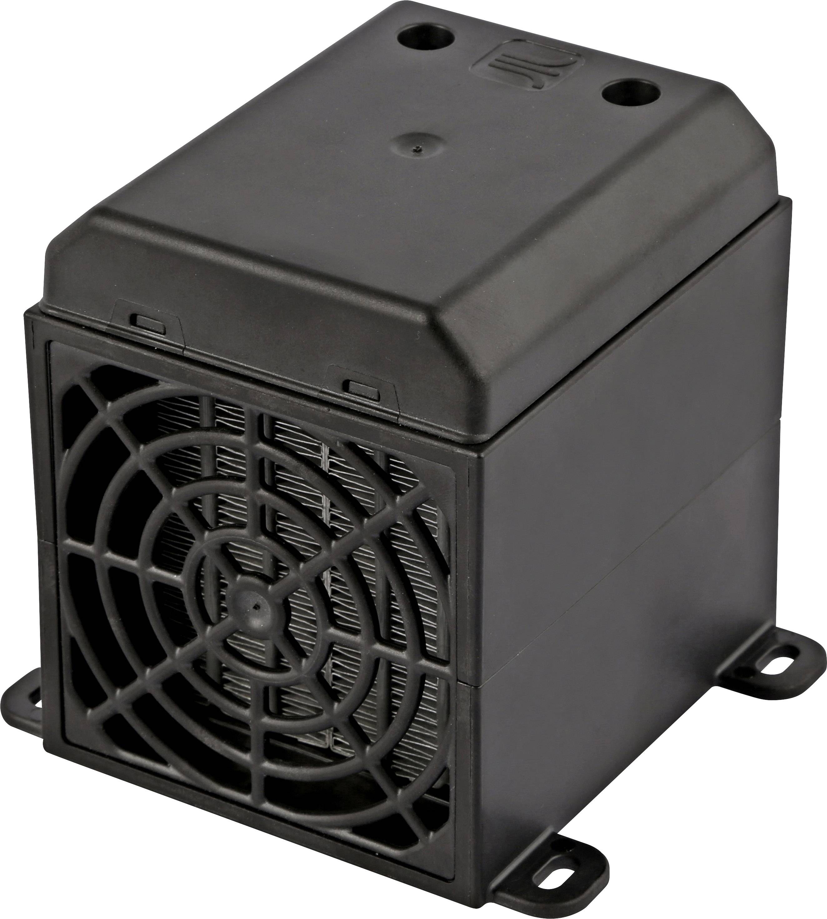 Fekete, téglalap alakú elektromos készülék elülső oldalán ventilátorral és ráccsal, valószínűleg szellőztetés vagy hűtés céljából.