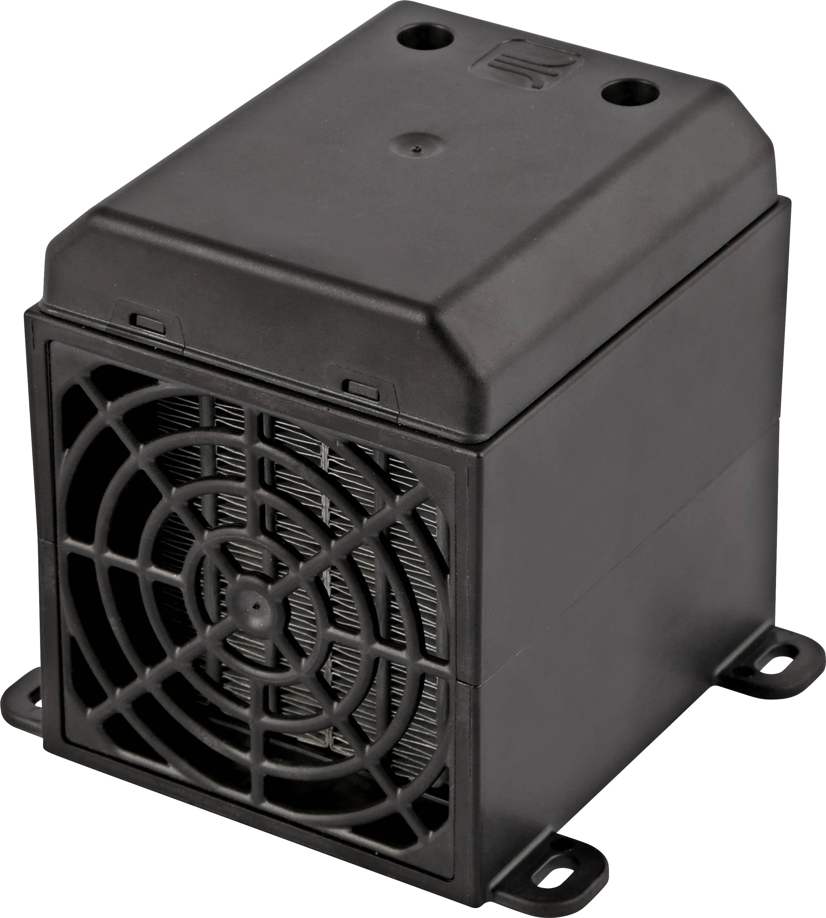 Fekete, téglalap alakú ventilátor rácsos borítással és négy rögzítőlyukkal a sarkokon, jellemzően ipari alkalmazásokhoz.