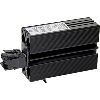 Egy fekete elektronikai alkatrész figyelmeztető matricával és csatlakozókkal az oldalán.