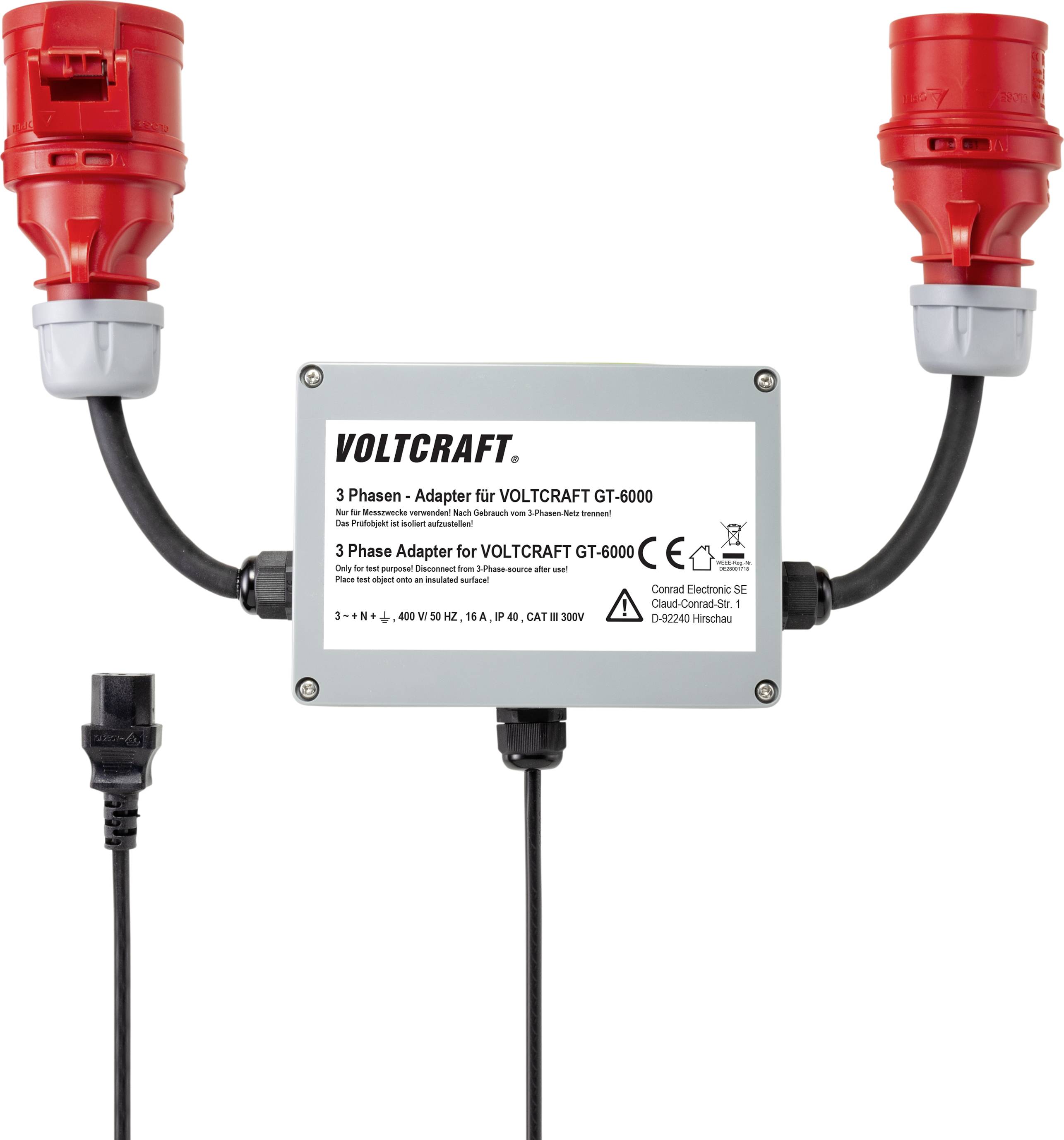 Voltcraft háromfázisú adapter két piros CEE csatlakozóval és fekete hálózati kábellel. Alkalmas GT-6000 típushoz.