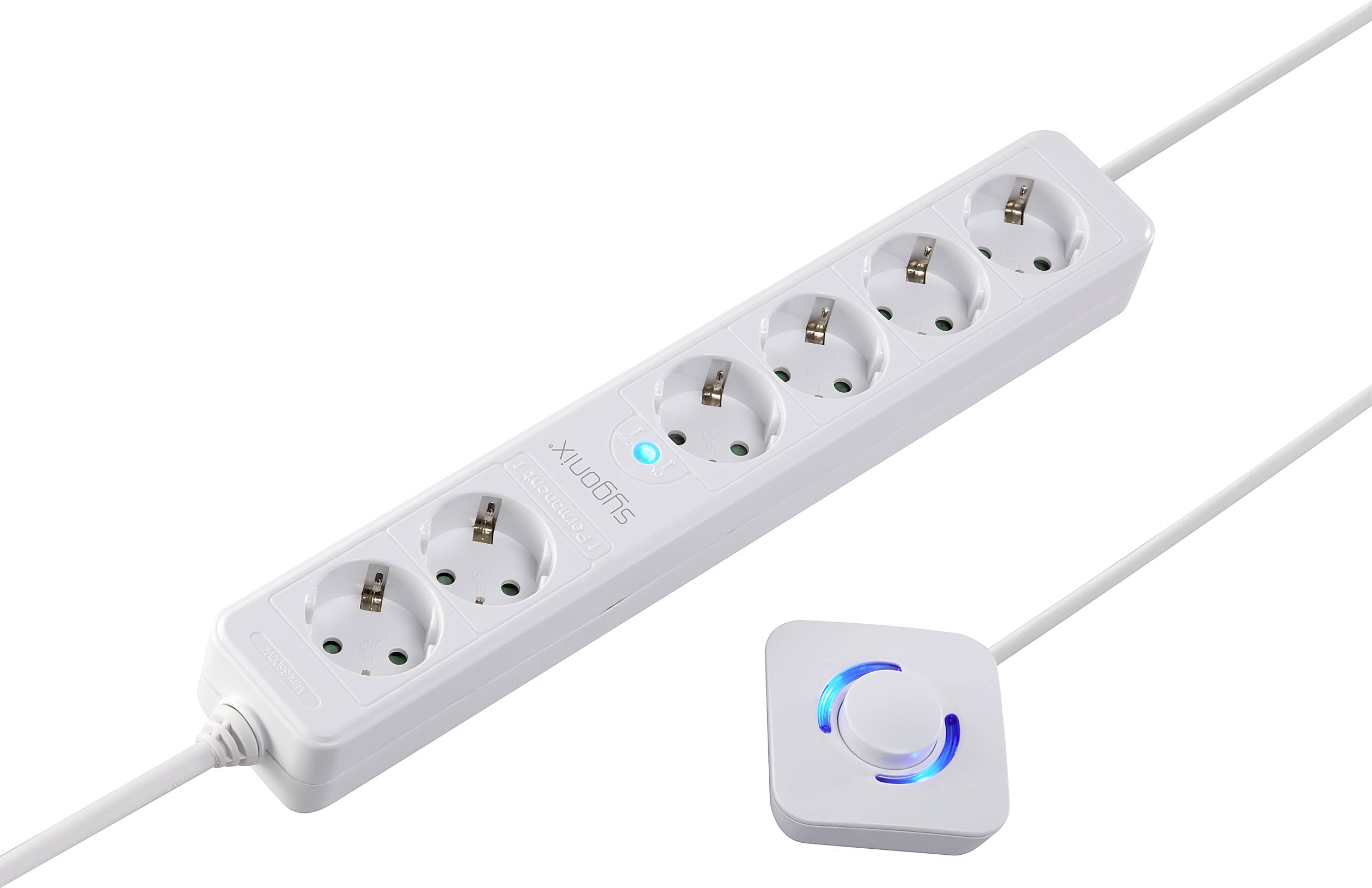 Hatszoros fehér elosztó billenőkapcsolóval, kék háttérvilágítással. Alkalmas árelosztásra és energiamenedzsmentre.