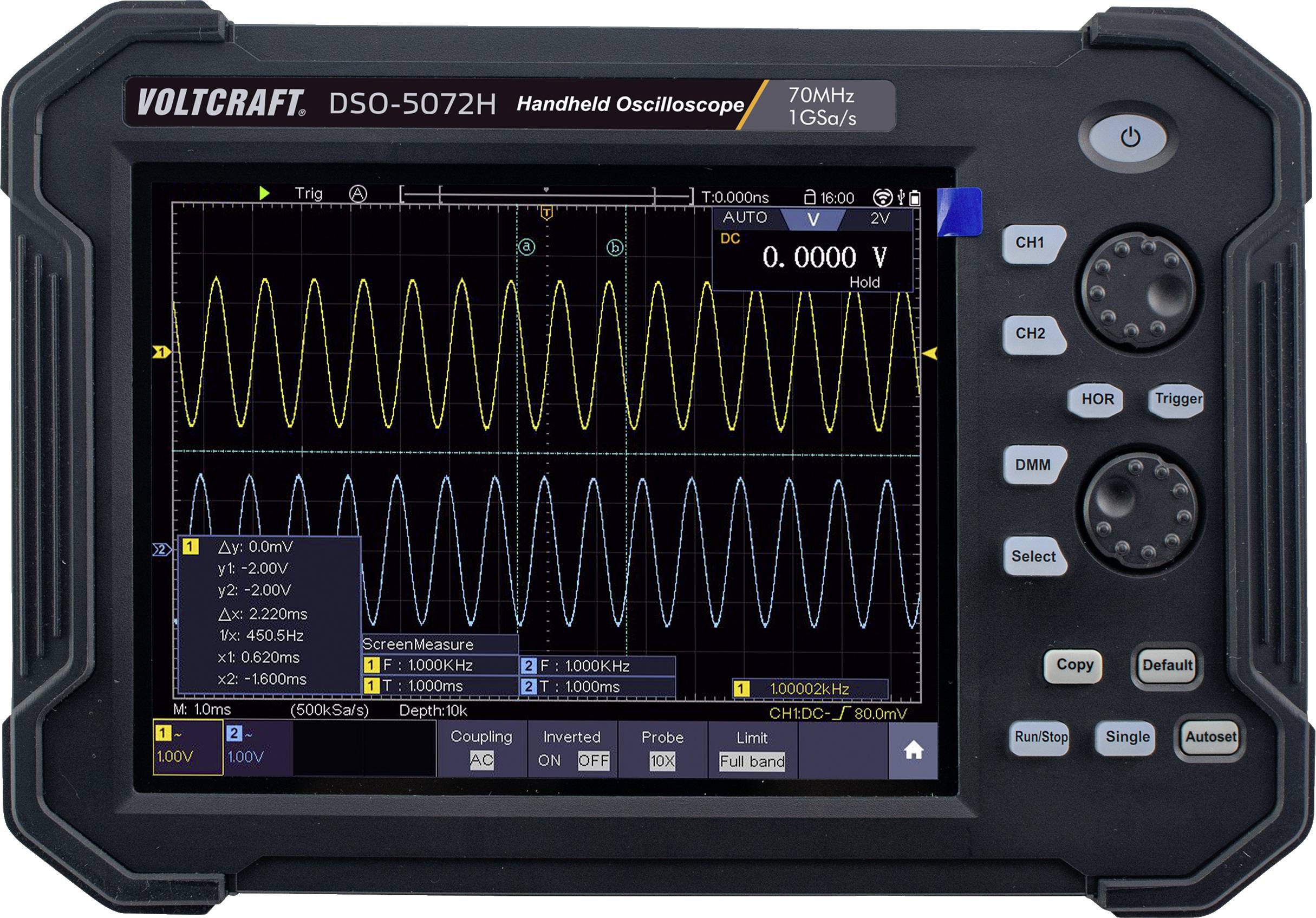 2 csatornás kézi oszcilloszkóp 70 MHz 1 GSa/mp 40 Mpts 8 bit DSO, VOLTCRAFT DSO-5072H