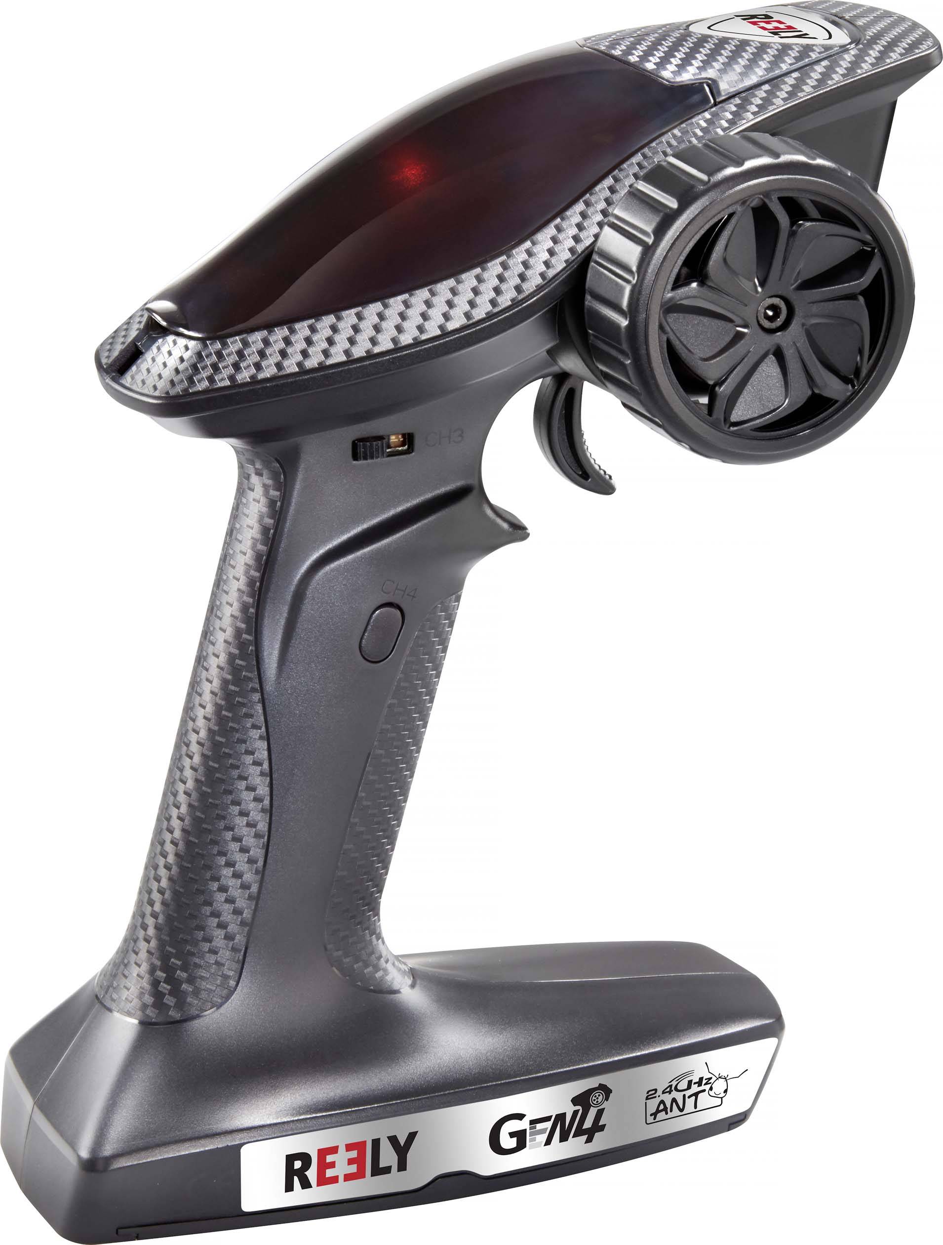 Távirányító karbon-hatású külsővel, fekete kormánnyal és kapcsolókkal. A 'REELY' márkanév és a 'Gen2' modell a fogantyún feltüntetve.