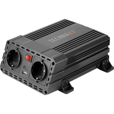 Fekete feszültségátalakító két aljzattal, USB-csatlakozókkal és egy piros kapcsolóval, amelyen a 'TECHNAXX' felirat szerepel.