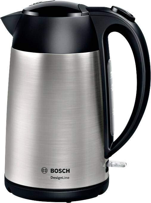 Egy Bosch márkájú, DesignLine modellű ezüst vízforraló, fekete fogantyúval és fedéllel.