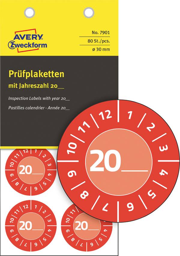 Avery-Zweckform 7901 Ellenőrző plakett  20XX Piros Műanyag (Ø x H) 30 mm x 30 mm 30 mm   80 db