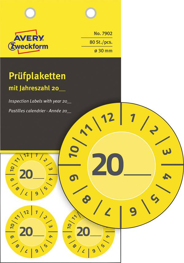 Avery-Zweckform 7902 Ellenőrző plakett 20__ 20XX Sárga  (Ø x H) 30 mm x 30 mm 30 mm   80 db