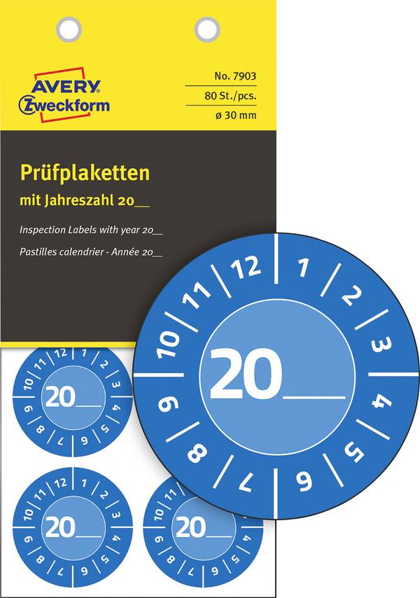 Avery-Zweckform 7903 Ellenőrző plakett 20__ mit 12 Monaten 20XX Kék  (Ø x H) 30 mm x 30 mm 30 mm   80 db